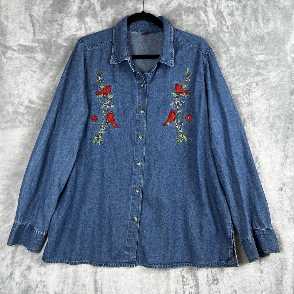 Denim Shirt‎ Embroidered Cardinals Womens Plus Size 2XL  Long Sleeve